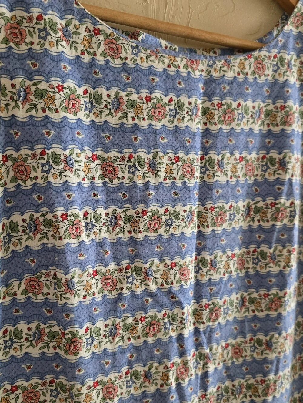 Cottagecore Vintage Blue Calico Floral Stripe Shift Dress Prairie Mod 70s - Picture 8 of 10